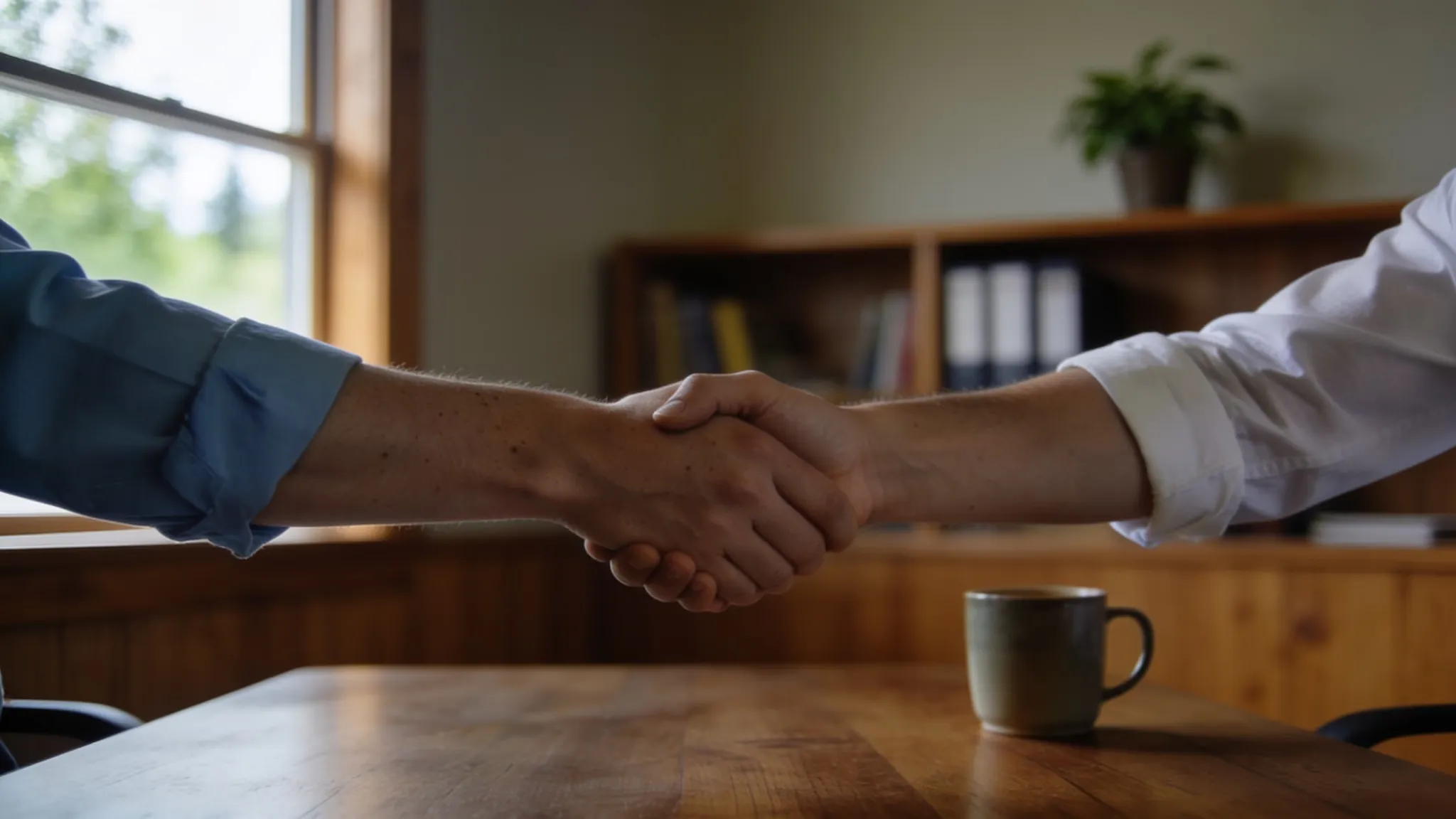 A handshake across a desk in a small, warmly lit office