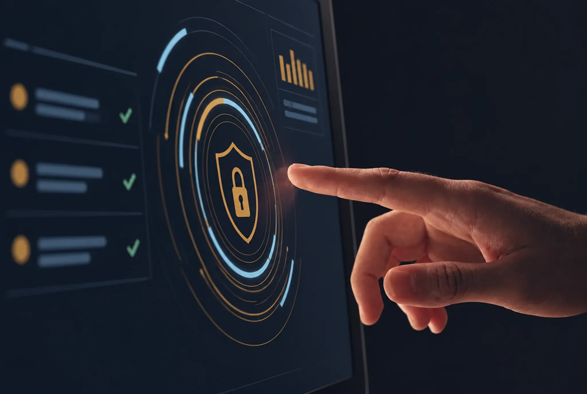 A fingertip touching a touchscreen security dashboard — a gold shield and padlock at its center beside a column of green checks
