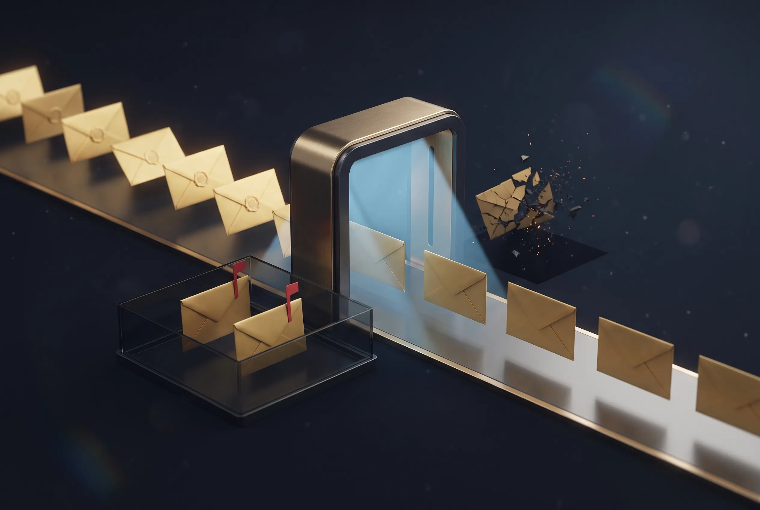 Envelopes moving along a conveyor into a gateway — clean mail passes through, suspicious mail is diverted into a glass quarantine tray, and a malicious message is destroyed on the far side