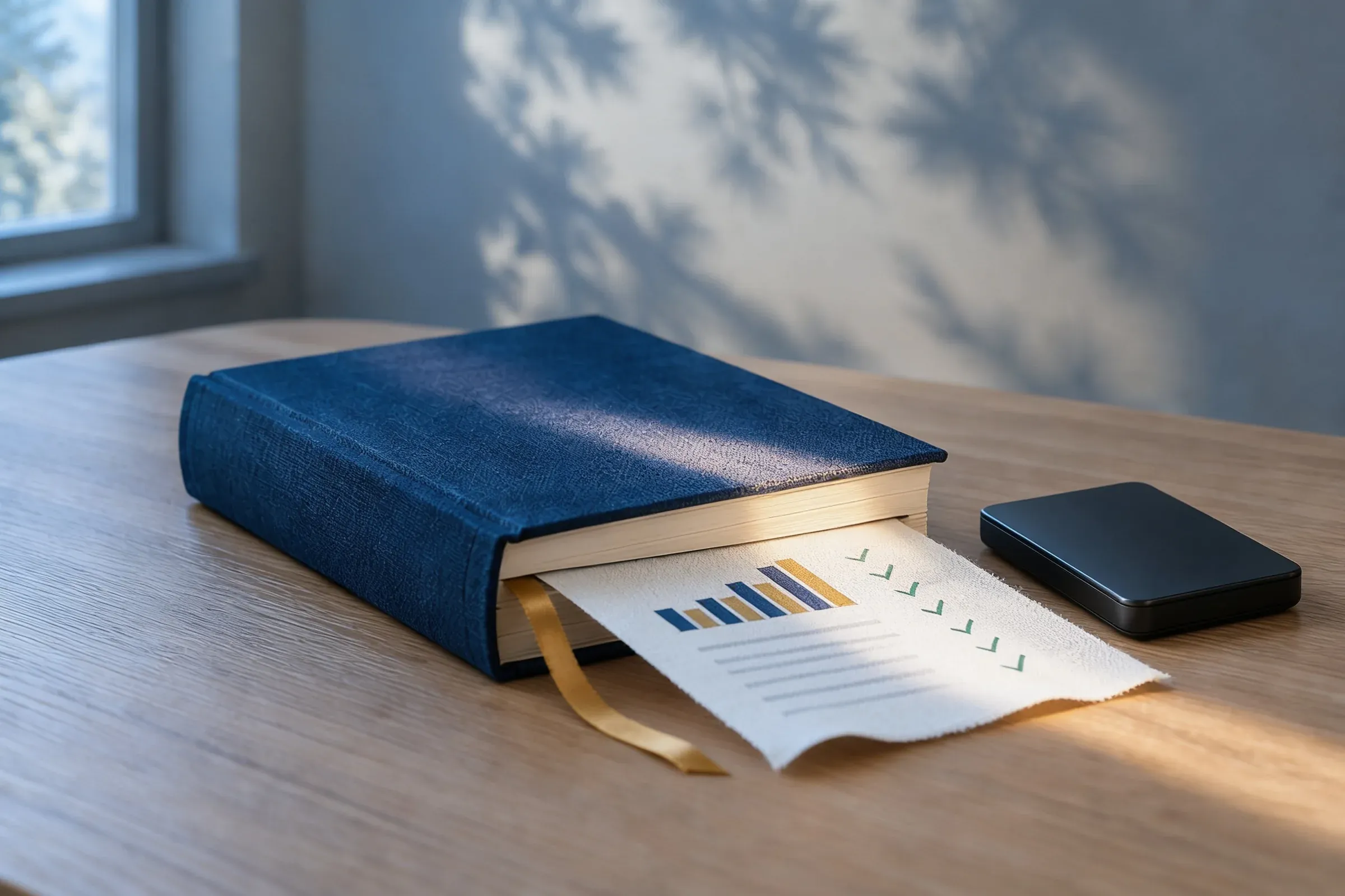 A navy linen-bound binder on a sunlit desk with a monthly security report — bar chart and green check marks — tucked inside, beside a backup drive
