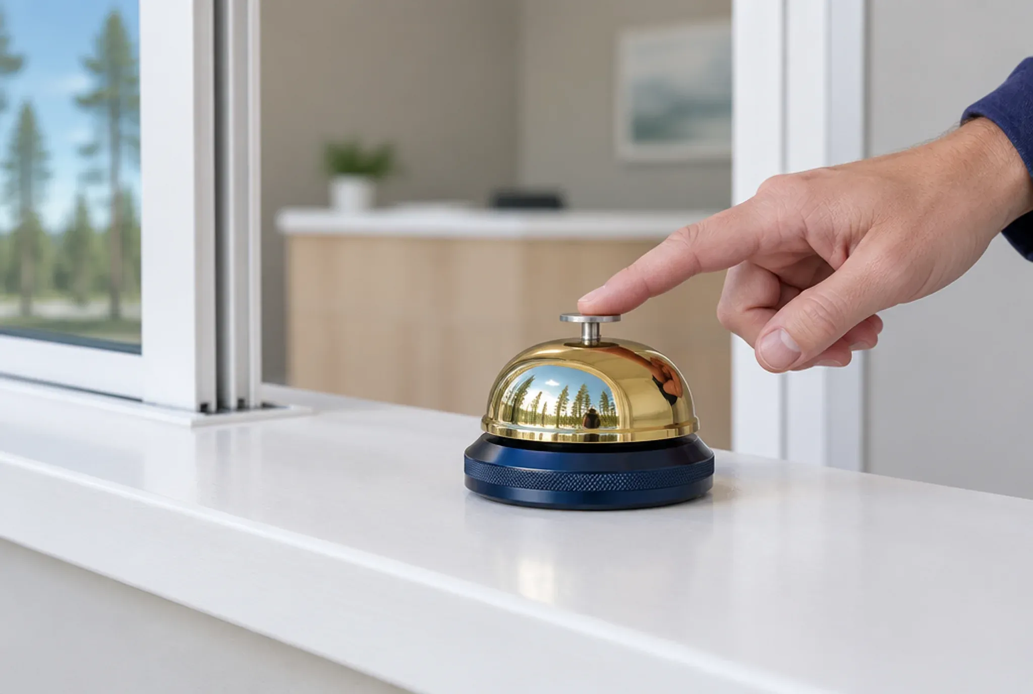 A hand ringing a brass call bell on the check-in window ledge of a small medical practice, longleaf pines reflected in the dome