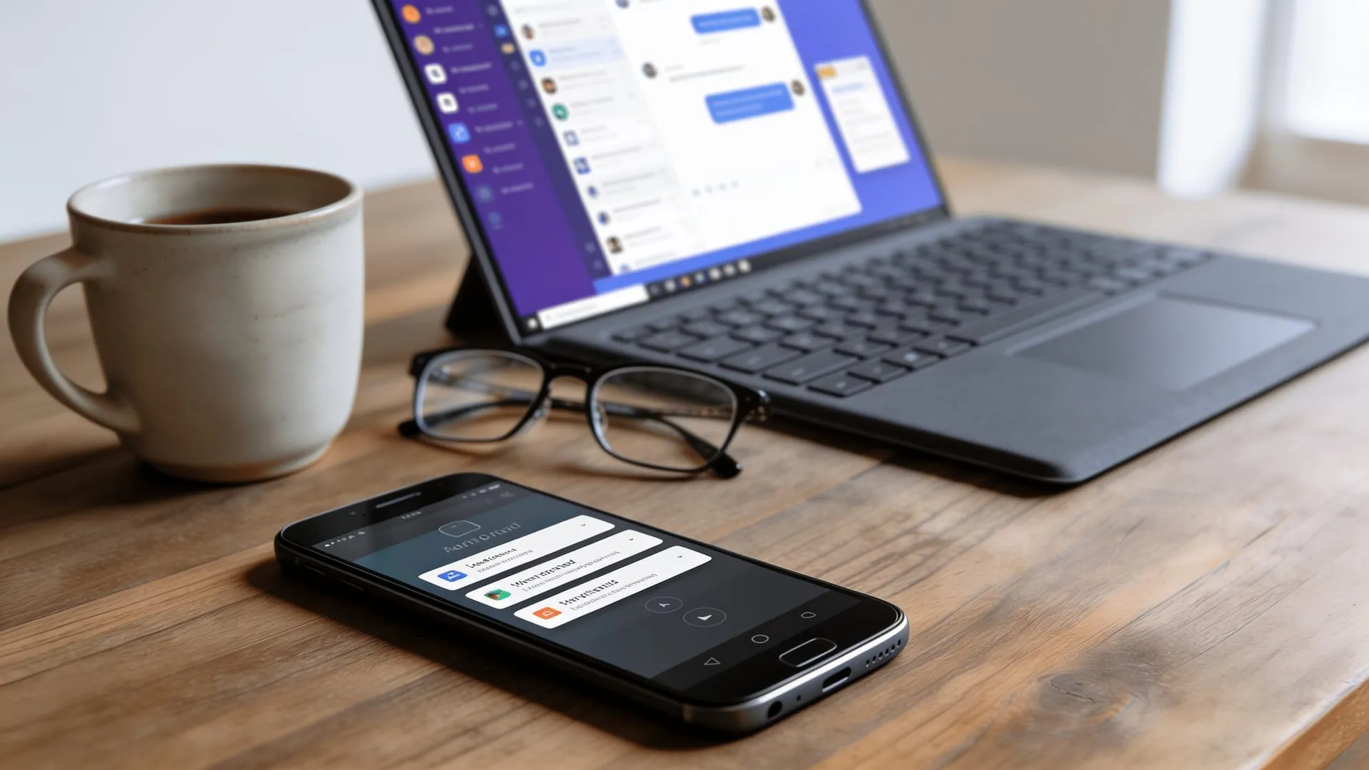 A laptop running a Microsoft Teams help-desk chat beside a smartphone with notifications and coffee on a desk