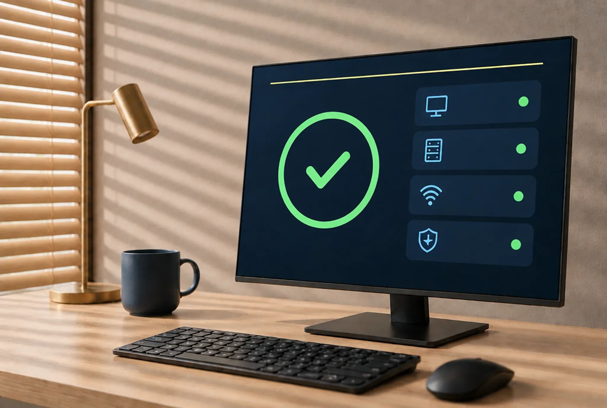 An office monitor showing a large green all-clear check beside status tiles for workstations, servers, Wi-Fi and security, each with a green light