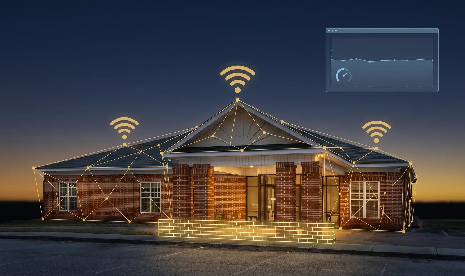 A single-storey brick office building at dusk with a glowing gold network mesh across the roofline, wireless coverage points, a firewall at the entrance, and a floating performance panel — a monitored business network