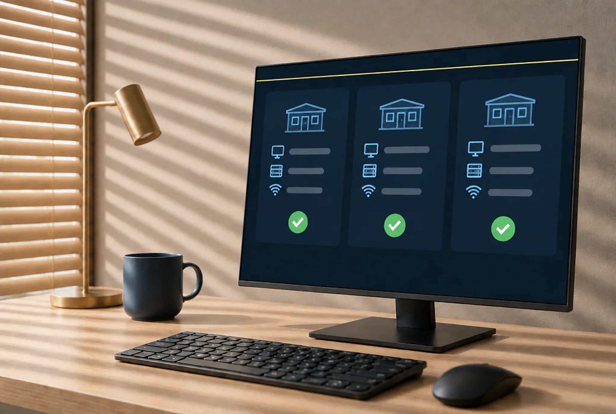 An office monitor showing three office locations side by side, each with its computers, server and Wi-Fi listed and a green all-clear check