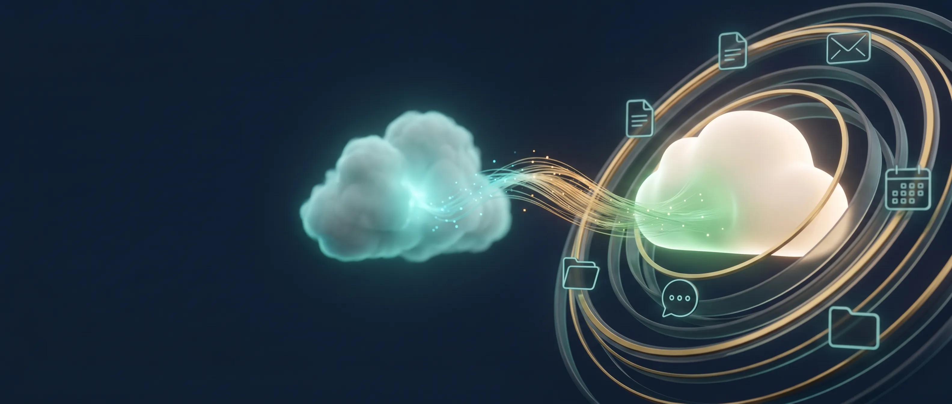 A softly glowing cloud ringed by orbiting mail, calendar, document, folder, and chat icons, linked by a stream of light to a second cloud — a connected cloud productivity suite