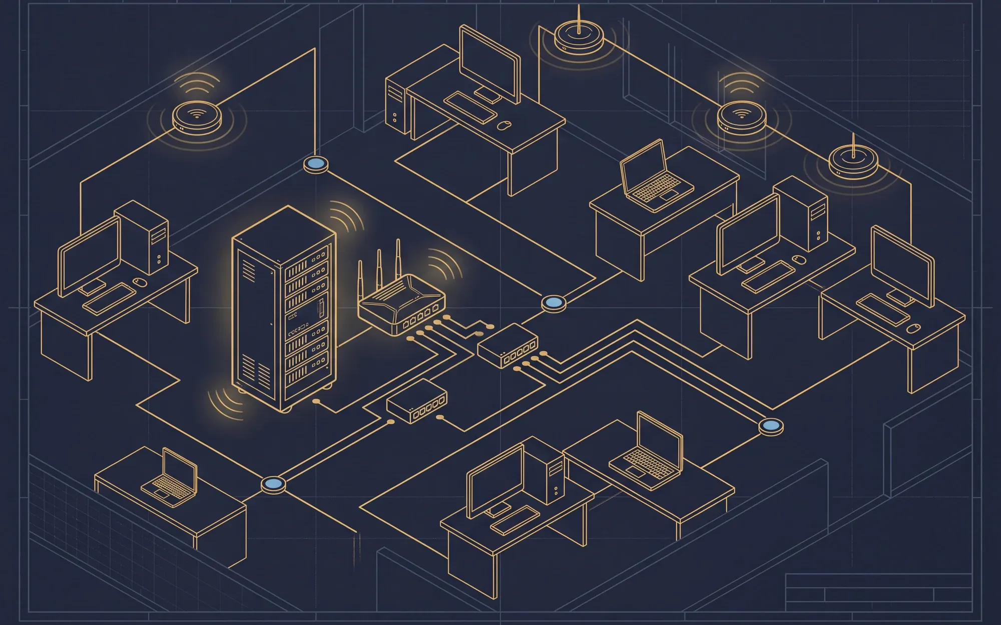 Blueprint-style isometric plan of an office network — a server, firewall, switches, wireless access points, and workstations laid out across the floor plan