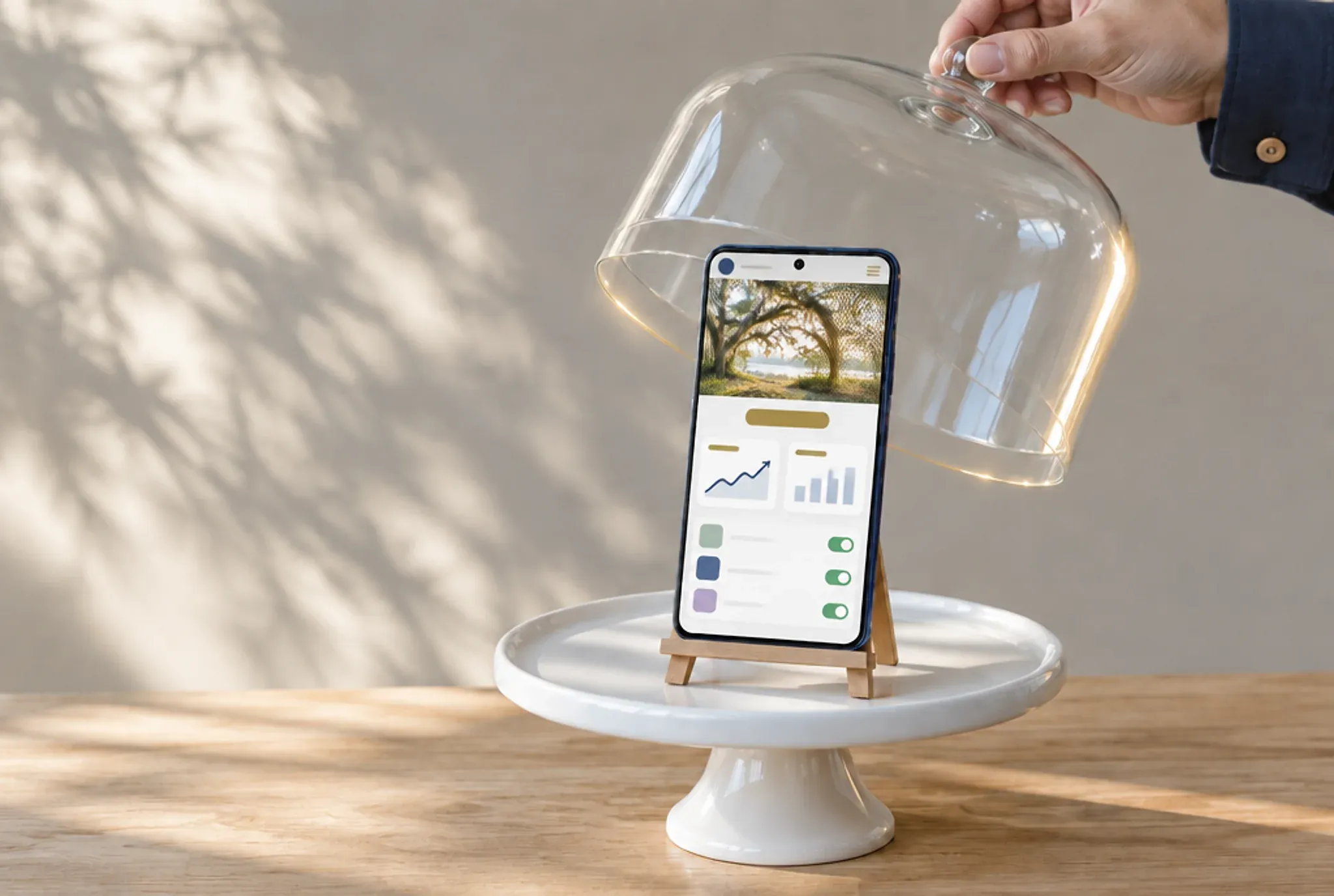 A hand lifting a glass dome off a phone showing a new small-business website — a live oak photo above a dashboard of charts and connected-app toggles